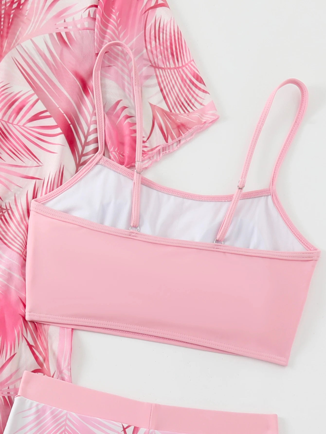 Holiday Swimsuit Tropical Palm Leaf Printed Pink Elastic Flat Leg 3-Piece Swimsuit Strap Comfortable Casual Swimsuit, Short Slee