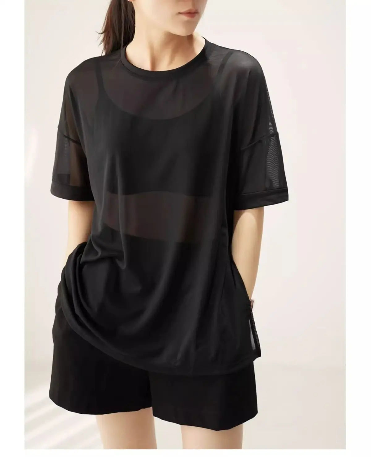 Summer Large Size Fitness Loose Running Sports Hoodie Mesh Round Neck Short Sleeve T-Shirt Breathable Quick Dry Yoga Top Gym
