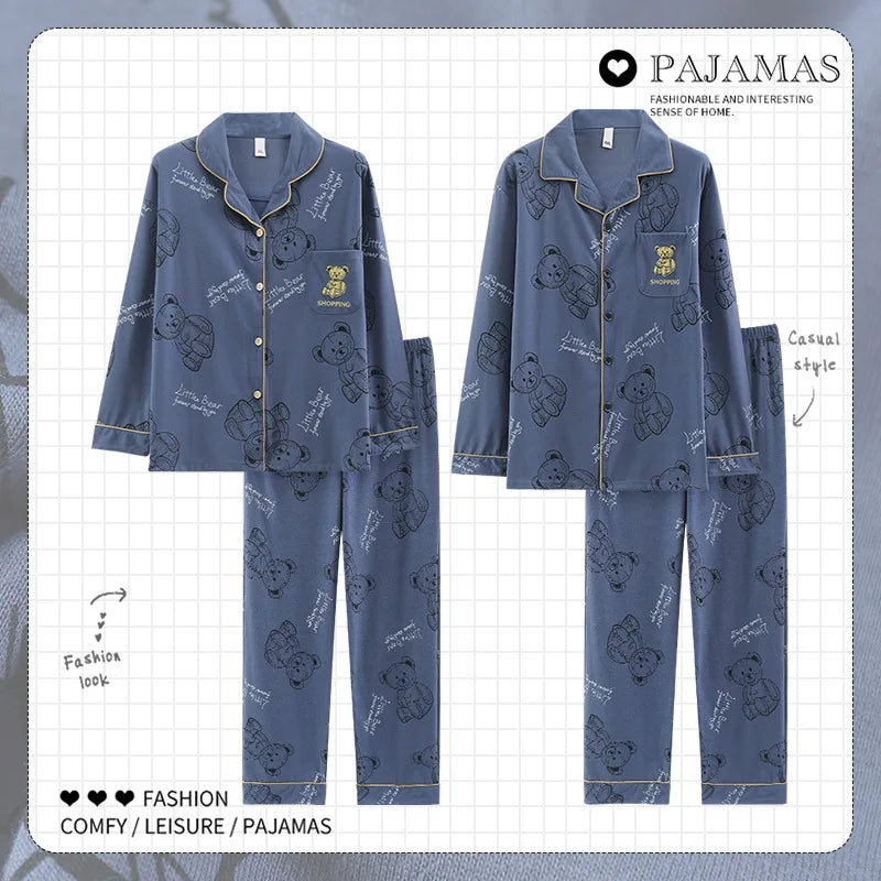 Autumn Winter Couple Men and Women Cotton Sleepwear Turn-down Collars Long Sleeve Pants Solid Nightwear Suit