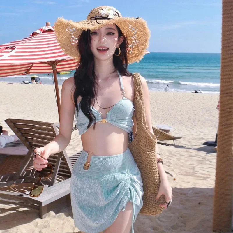 Mint Green High Quality Sexy Summer Vacation Hot Spring Beach Bikini Three Piece Swimsuit Set Separate Design for Women