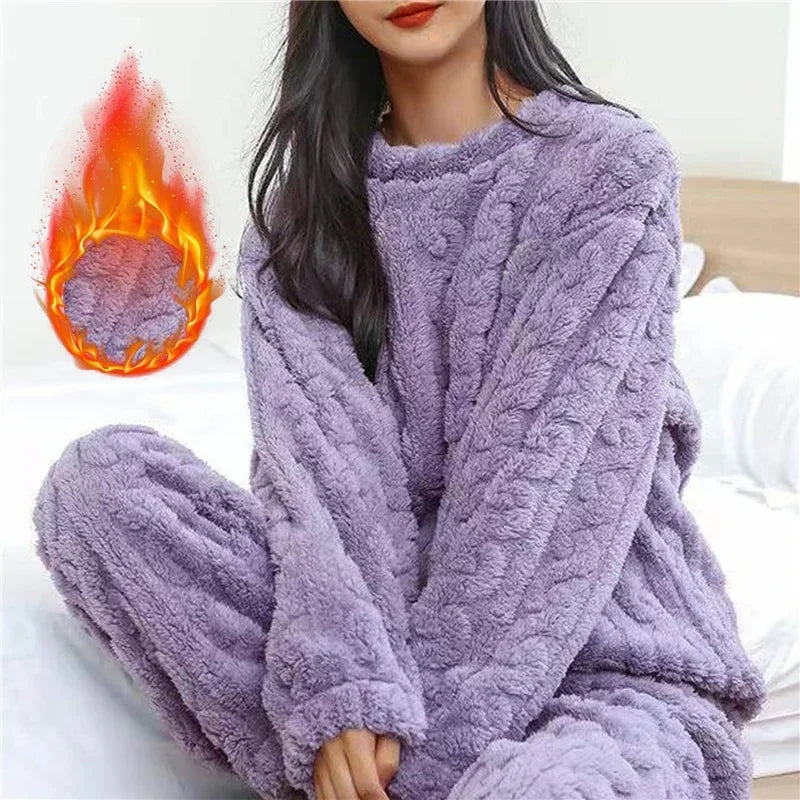 Winter Women Pajamas Set Coral Velvet Fluffy Homewear Thickened Two Piece Loungewear O Neck Sleepwear Soft Warm Leisure Suit