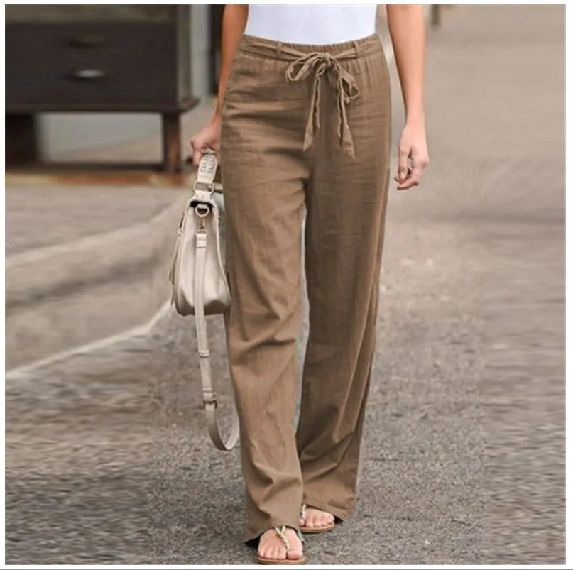 Women Cotton Linen Pants Solid Color Elastic Loose Drawstring Wide-Leg High Waist Trousers Female Stretch Straight Casual Pants