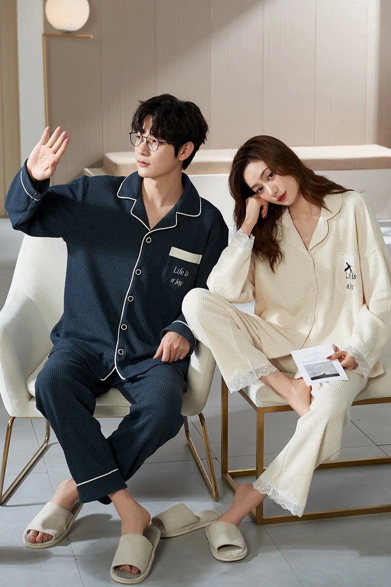 Autumn Winter Couple Men and Women Cotton Sleepwear Turn-down Collars Long Sleeve Pants Solid Nightwear Suit