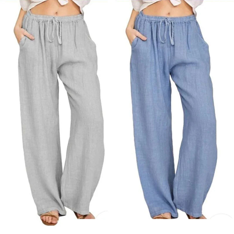 Women Cotton Linen Pants Solid Color Elastic Loose Drawstring Wide-Leg High Waist Trousers Female Stretch Straight Casual Pants