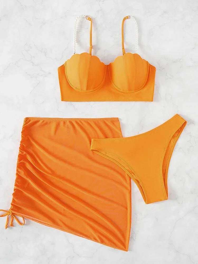 2025 New Sexy 3 Piece Bikinis Set Women Swimsuit with Skirt Swimwear Female Push Up Bikini Beachwear Faux Pearl Bathing Suit