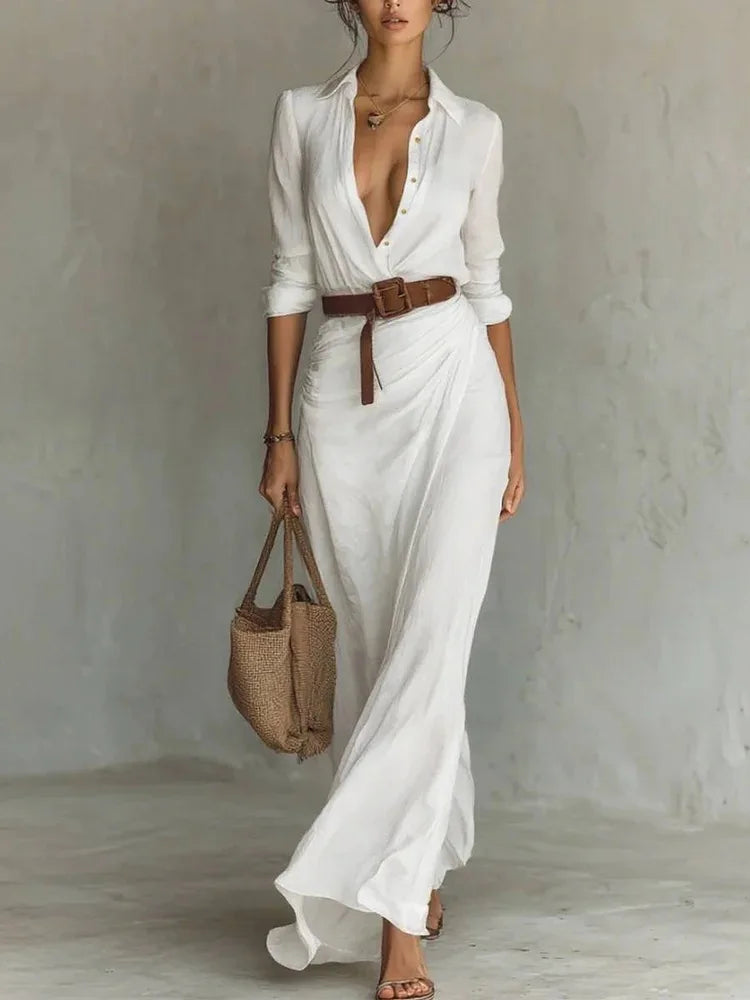 2025 New Autumn Woman Sexy Deep V Neck Hollow Long Dress Elegant Solid Belted Irregular Party Long Sleeve Slim Casual Dresses