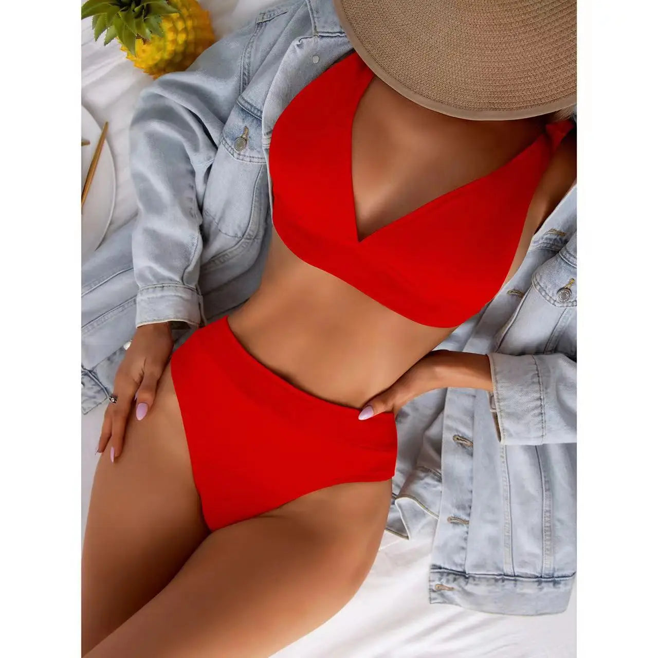 2025 New Sexy V-Neck Ribbed Bikini High Waist Swimsuit Women Solid Push Up Swimwear Female Bathing Suit Bikini Set Beachwear
