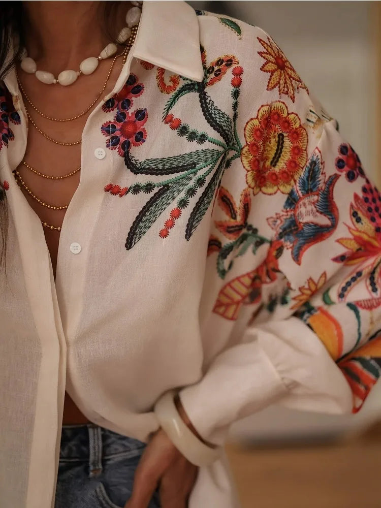 Women's 2025 Autumn Fashion Loose Long-sleeved Digital Printed Shirt Top Streetwear Spring New Female Lapel Button Shirts Bloues