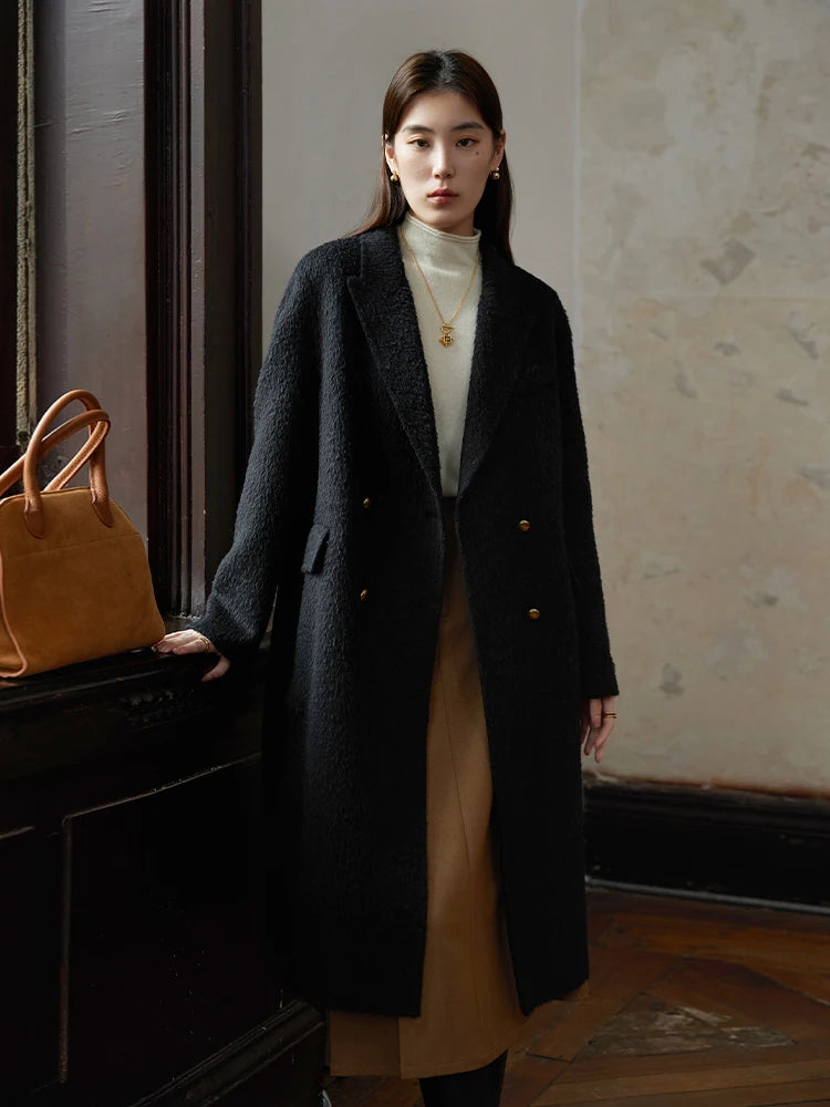 11.8% Alpaca 66.3% Wool Front Shoulder Women Black Long Temperament Woolen Coats Straight 2023 Winter Female Wool Coats