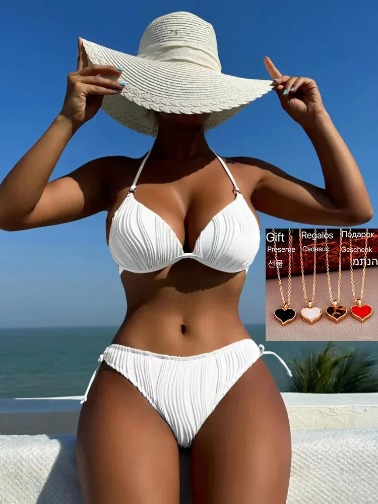 2025 Sexy Bikini Women Solid Lace Up Backless Padded Micro Swimsuit Push Up Beach Bathing Suit White Tie Side Thong Swimwear