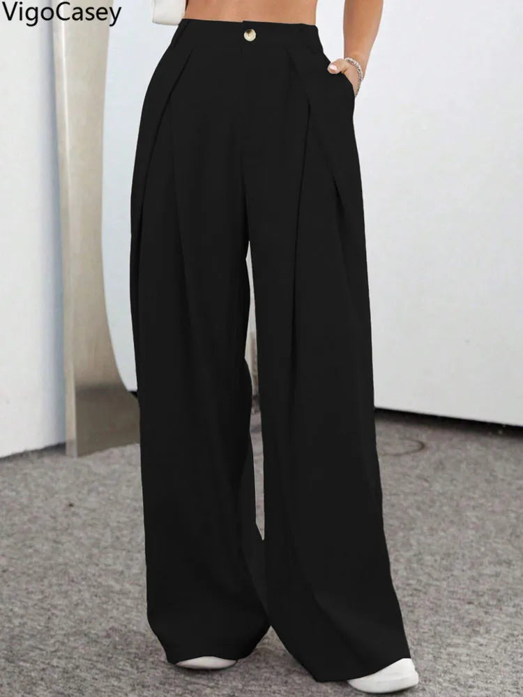 2025 High Waist Suit Pants For Women Casual Pocket Wide Leg Pants Lady Black Baggy Pants Female Straight Winter Office Trousers
