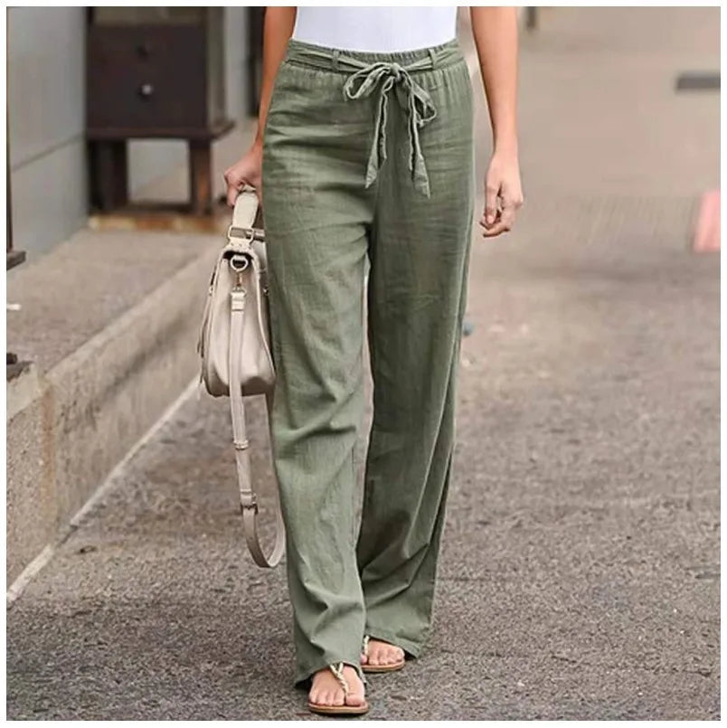 Women Cotton Linen Pants Solid Color Elastic Loose Drawstring Wide-Leg High Waist Trousers Female Stretch Straight Casual Pants