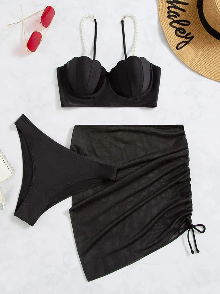 2025 New Sexy 3 Piece Bikinis Set Women Swimsuit with Skirt Swimwear Female Push Up Bikini Beachwear Faux Pearl Bathing Suit