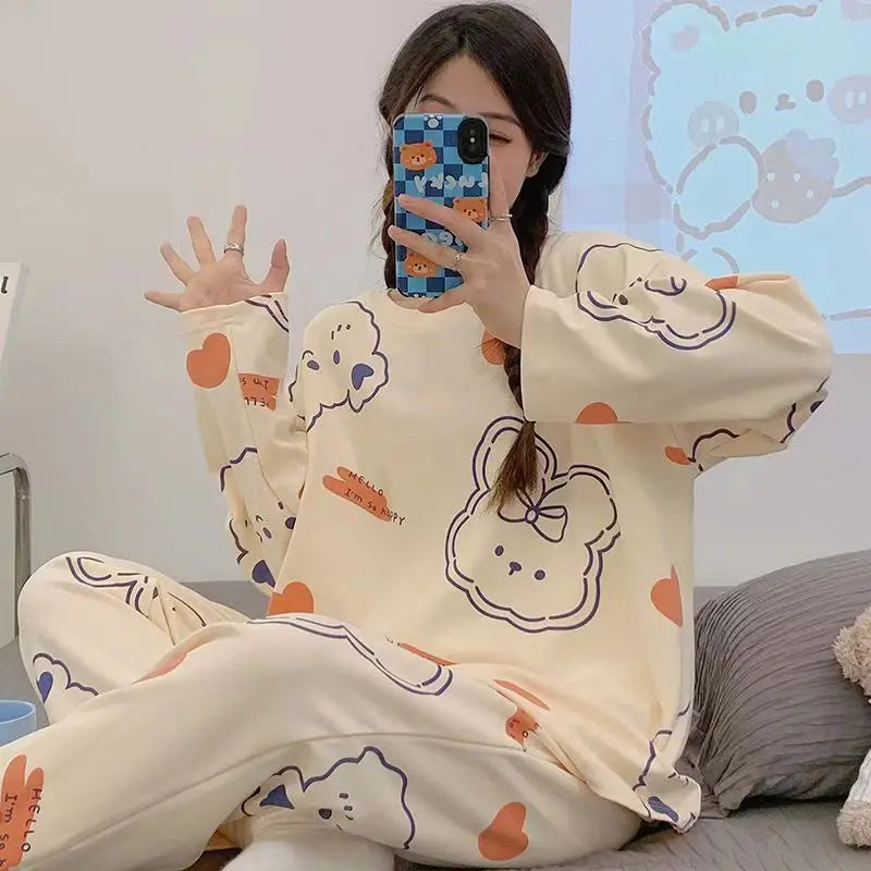 Spring and Autumn New Women's Thin Section Pajamas Homewear Suit Girls Summer Long-Sleeved Homewear Plus Size Cartoon Loose Suit