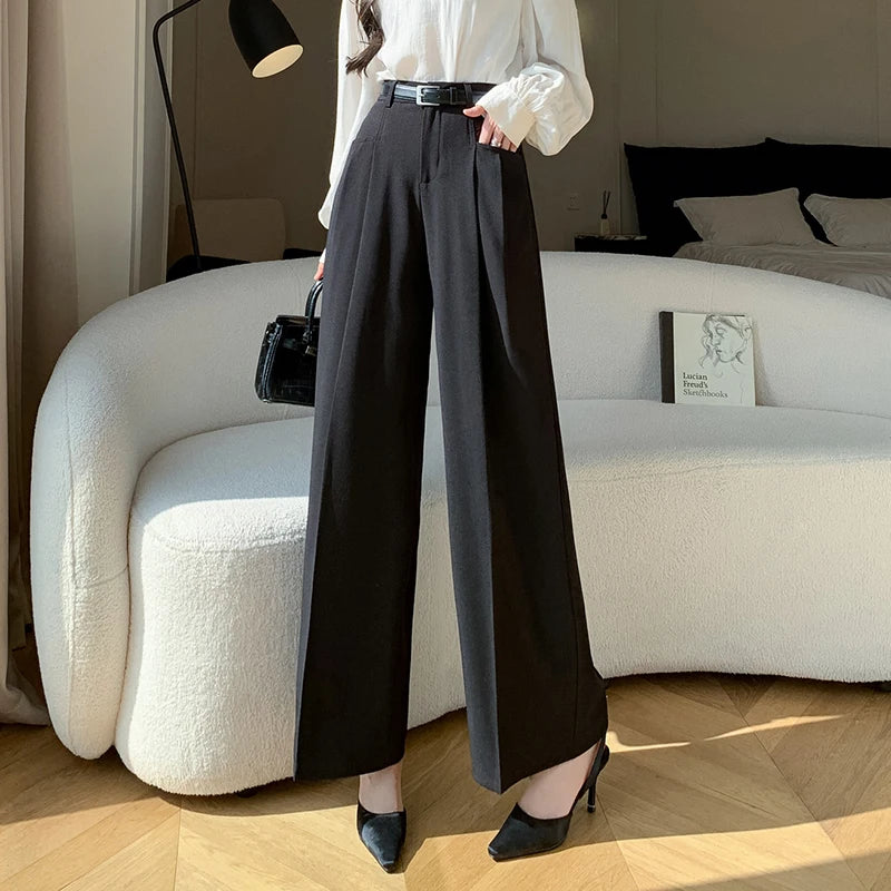 Seoulish Vintage High Waist Women's Casual Suit Pants 2025 Autumn New Office Lady Workwear Wide Leg Women's Trousers Female