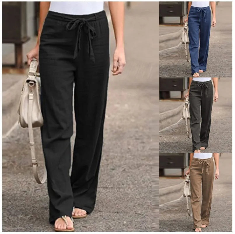 Women Cotton Linen Pants Solid Color Elastic Loose Drawstring Wide-Leg High Waist Trousers Female Stretch Straight Casual Pants