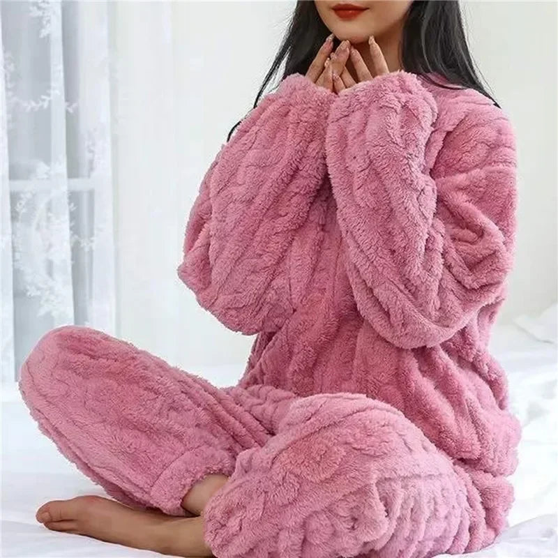 Winter Women Pajamas Set Coral Velvet Fluffy Homewear Thickened Two Piece Loungewear O Neck Sleepwear Soft Warm Leisure Suit
