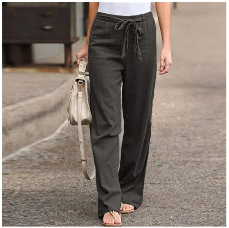 Women Cotton Linen Pants Solid Color Elastic Loose Drawstring Wide-Leg High Waist Trousers Female Stretch Straight Casual Pants