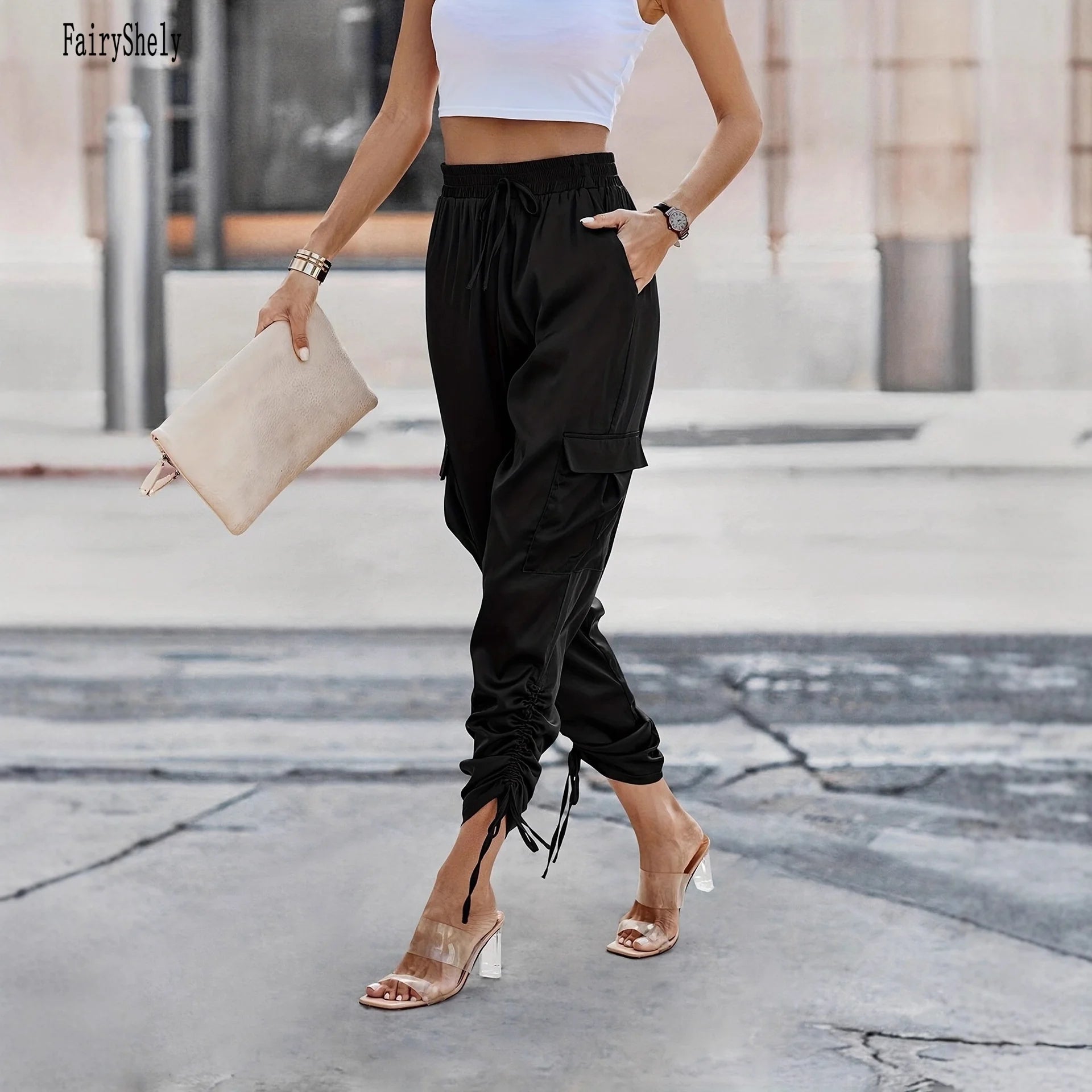 2025 Casual Black Pencil Pants For Women Elastic Band High Waist Pants lady Elegant Summer Pocket Straps Office Trousers Female