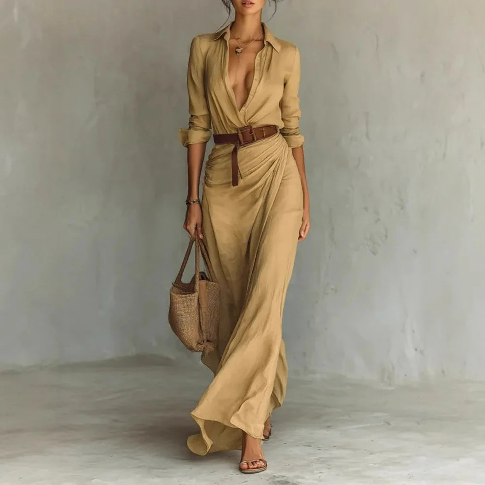 2025 New Autumn Woman Sexy Deep V Neck Hollow Long Dress Elegant Solid Belted Irregular Party Long Sleeve Slim Casual Dresses