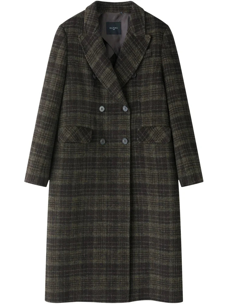 69.6% Wool Temperament British Style Women Long Plaid Wool Coats Notched Coolar Double Breasted Front Shoulder Female Coat