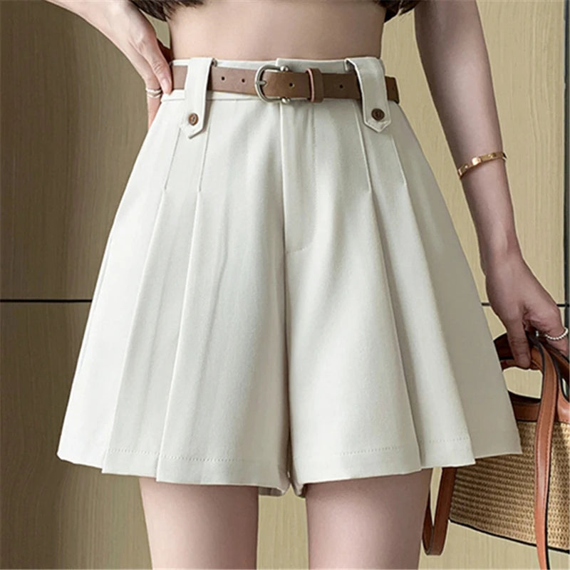 Seoulish 2025 New High Waist Irregular Pleated Women's Suit Short Summer Pants Elegant High Waist Straight Loose Shorts Trousers