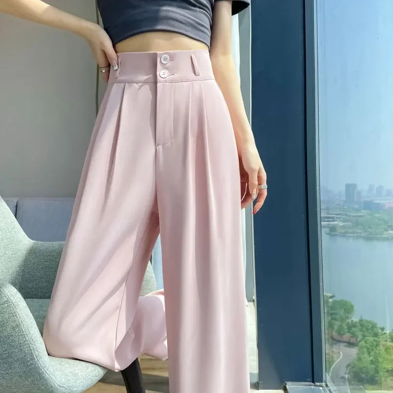 2025 New Spring Summer Button High Waist Wide Leg Pants for Women White High Waist Straight Loose Full Length Trousers Female