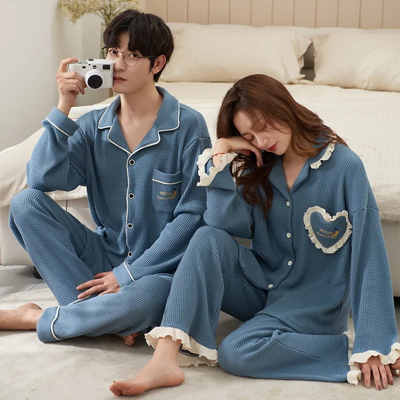 Autumn Winter Couple Men and Women Cotton Sleepwear Turn-down Collars Long Sleeve Pants Solid Nightwear Suit