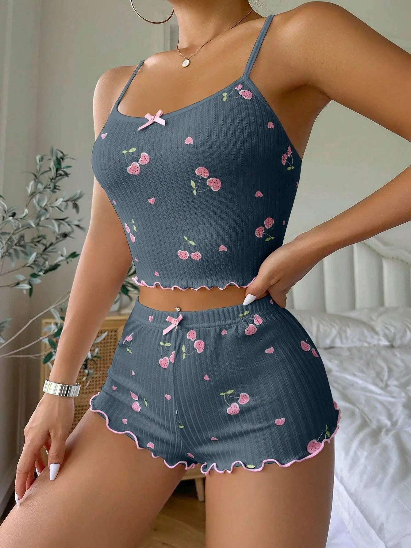 Women's Heart Print Sexy Ribbed Bow Decor Pajama Set, Round Neck Backless Comfortable Crop Cami Top & Shorts, Summer Nightwear