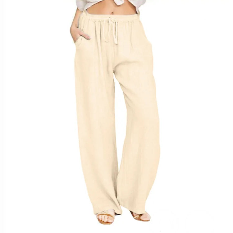 Women Cotton Linen Pants Solid Color Elastic Loose Drawstring Wide-Leg High Waist Trousers Female Stretch Straight Casual Pants