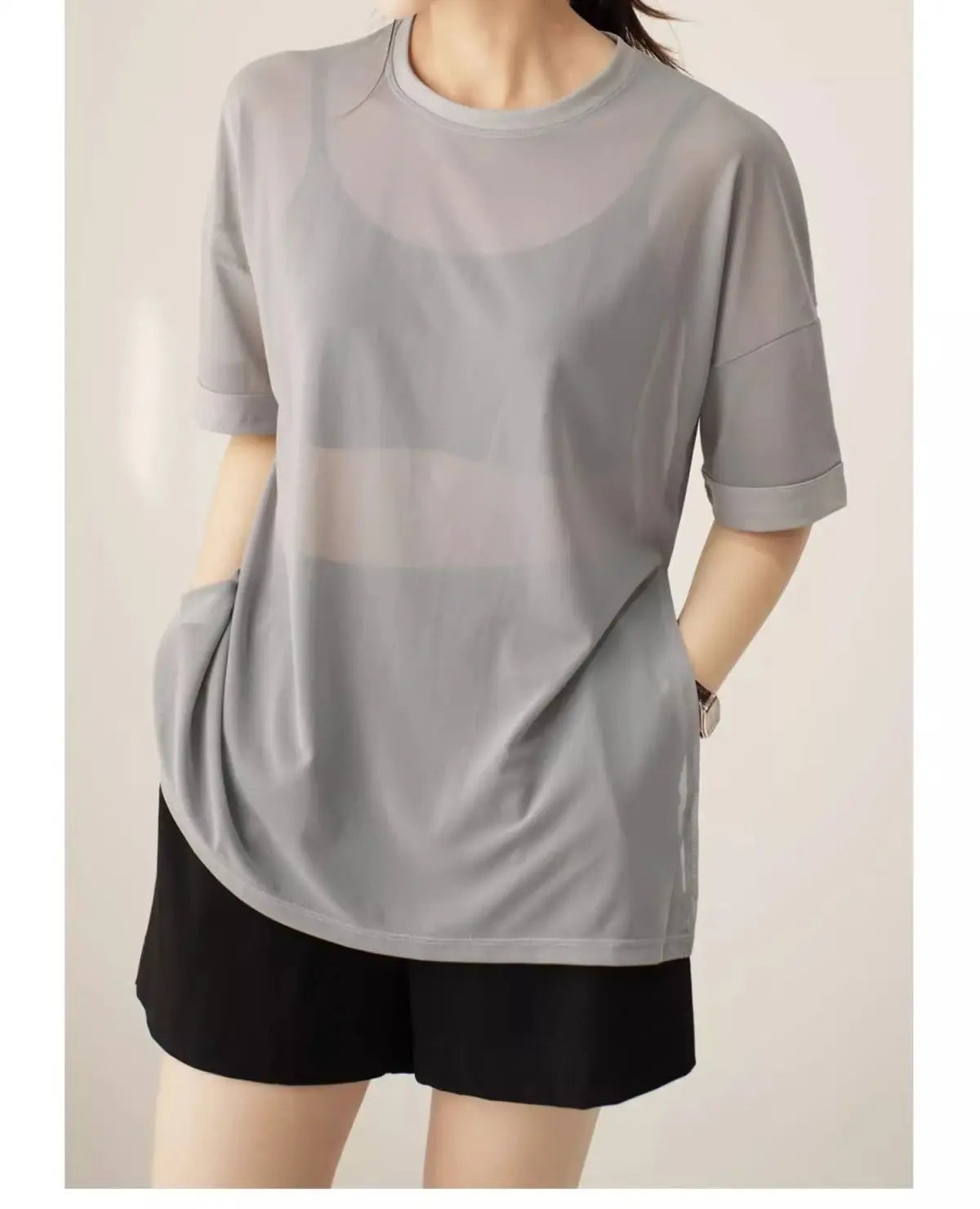 Summer Large Size Fitness Loose Running Sports Hoodie Mesh Round Neck Short Sleeve T-Shirt Breathable Quick Dry Yoga Top Gym