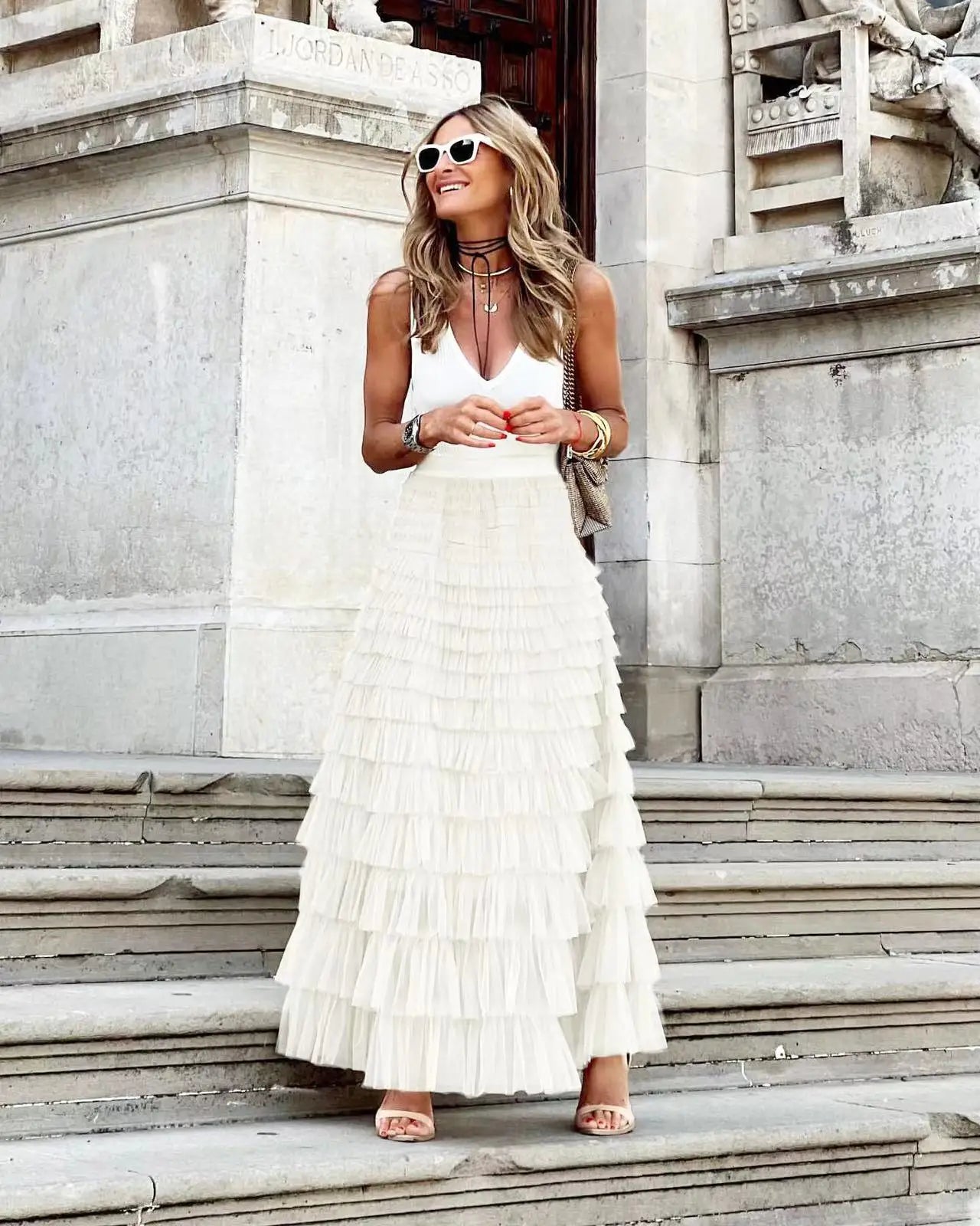 2024 New Casual Womens Solid Ball Gown Long Skirt Tulle High Waist Pleated Elegant Ladies Wild Mesh Dating Maxi Skirts Drop