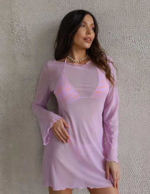 Sexy Sheer Mesh Beach Cover Up Dress - Women's Lightweight Bikini Robe With Bell Sleeves, Summer Swimwear Vacation Outfit