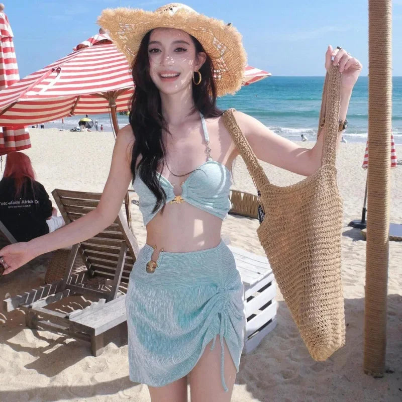 Mint Green High Quality Sexy Summer Vacation Hot Spring Beach Bikini Three Piece Swimsuit Set Separate Design for Women