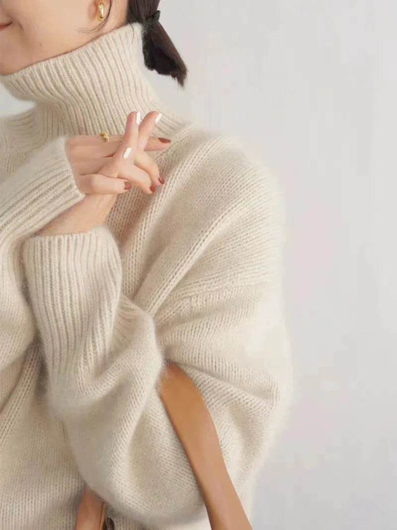 100% Merino Wool Women Sweater Winter Thicken Long Sleeve Turtleneck Pullover Female Jumper Loose Large Size Top Knitted Clothes