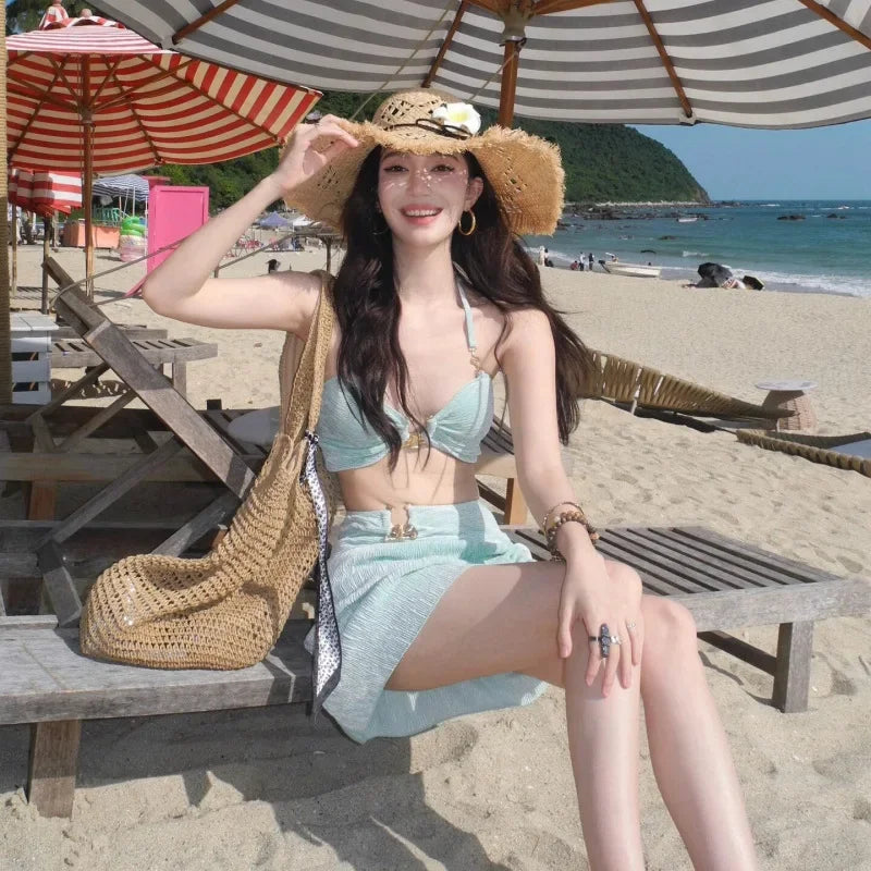 Mint Green High Quality Sexy Summer Vacation Hot Spring Beach Bikini Three Piece Swimsuit Set Separate Design for Women