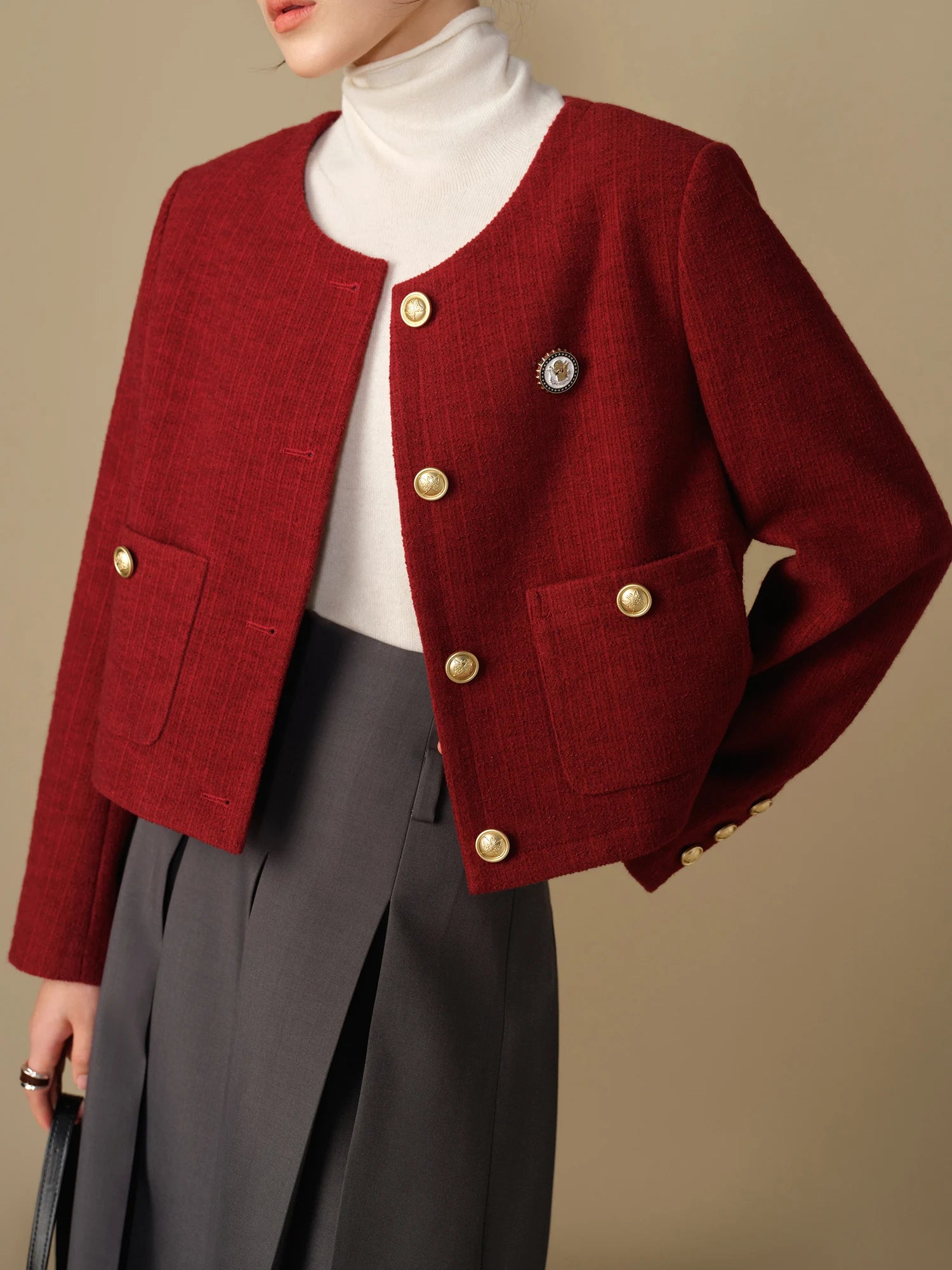 Women Red Tweed Jackets Round Neck Single Breasted Winter New Navy Blue Female Winter Thicken Tweed Coats 24DS84286