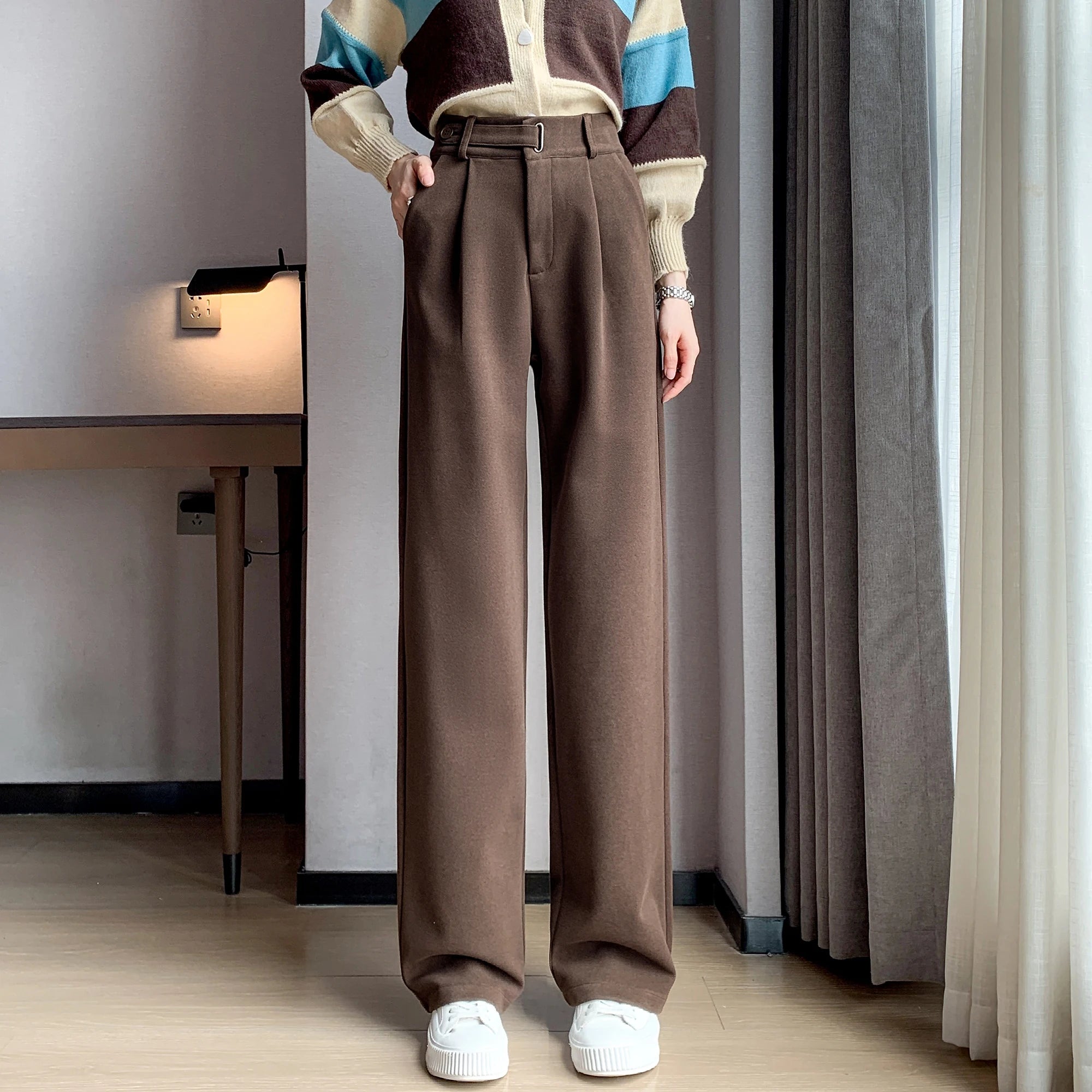 Seoulish Autumn Winter Thicken Woolen Casual Loose Full Length Pants 2025 New Button High Waist Chic Wide Leg Trousers Female