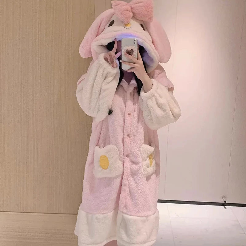 MINISO Senrio My Melody Home Wear Winter Keep Warm Coral Fleece Bathrobe Cute Cartoon Adult Soft Thicken Women Kawaii Pajama