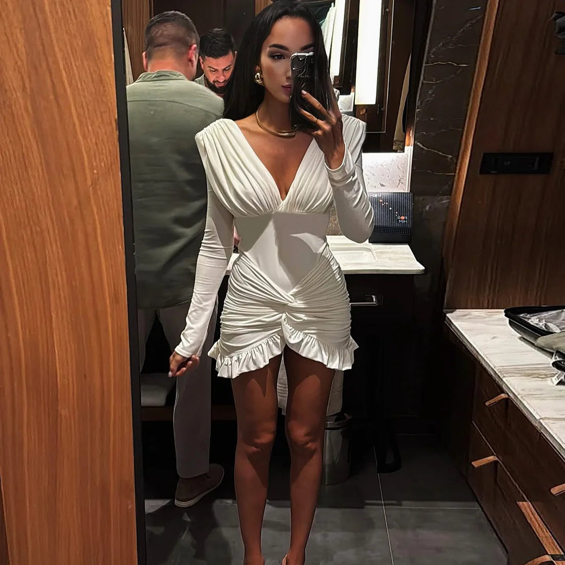 2025 Autumn Cross Ruffle Trim Mini Dress Simple Solid V-neck Ruched Full Sleeve Body-shaping Frock Female Classic Street Vestido