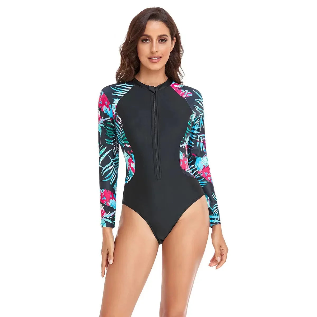 New Long Sleeve Printed One Piece Swimsuit Women Surfing Suit Wetsuit Fashion Bathing Swimming Suits Zipper Swimwear Woman