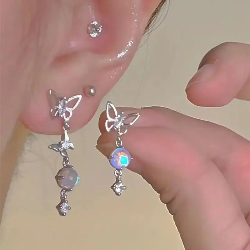 Y2K Bowknot Zircon Stud Earrings for Women Fashion Korean Silver Color Pink Crystal Personality Earring Girl Party Jewelry Gifts