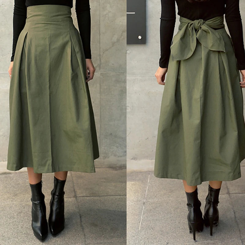2025 New Autumn Black Skirts Womens Korean Fashion Solid Color Big Swing Female Skirt Long Skirt Wild High Waist Bow Slim Skirts
