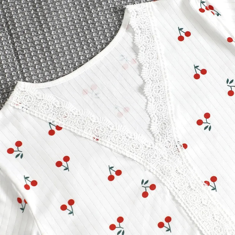 Sexy Pajamas Women V-Neck Lace Cherry Print Short-Sleeved Shorts Striped Fancy Sleepwear 2 Piece Set Home Wear Student Nightwear