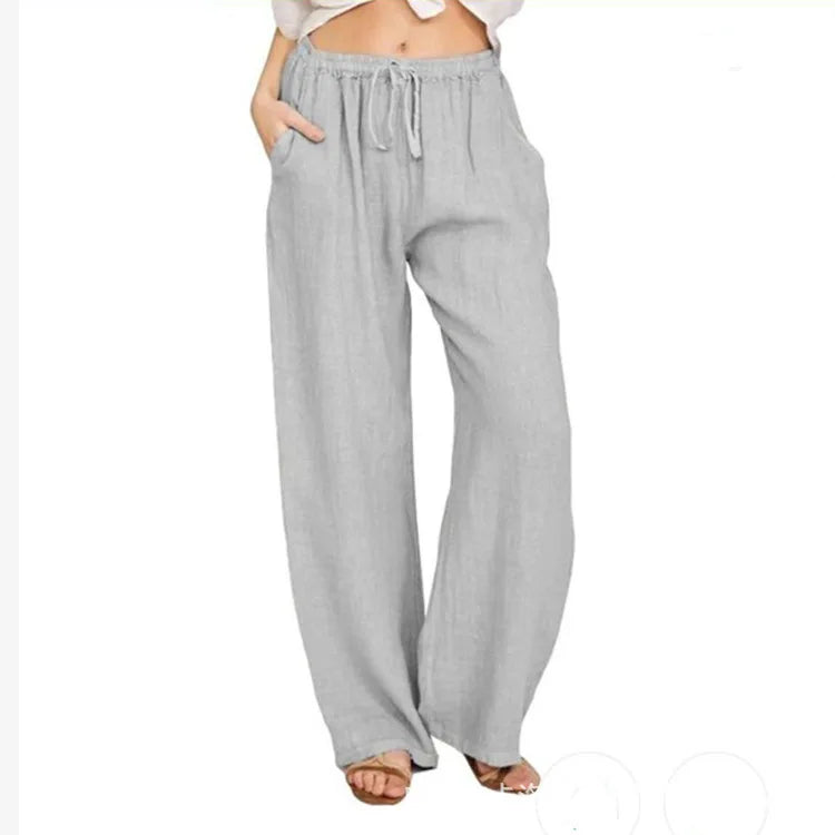 Women Cotton Linen Pants Solid Color Elastic Loose Drawstring Wide-Leg High Waist Trousers Female Stretch Straight Casual Pants