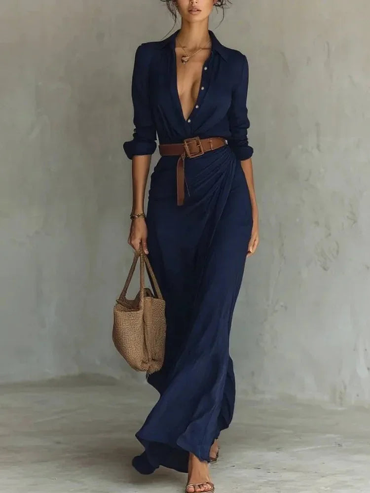 2025 New Autumn Woman Sexy Deep V Neck Hollow Long Dress Elegant Solid Belted Irregular Party Long Sleeve Slim Casual Dresses