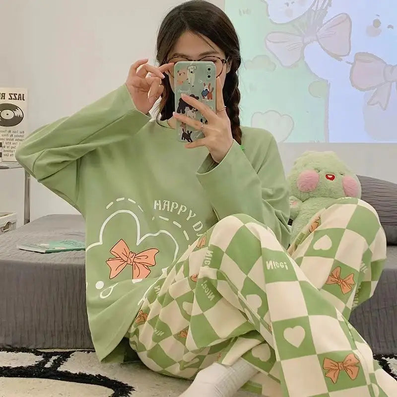 Spring and Autumn New Women's Thin Section Pajamas Homewear Suit Girls Summer Long-Sleeved Homewear Plus Size Cartoon Loose Suit