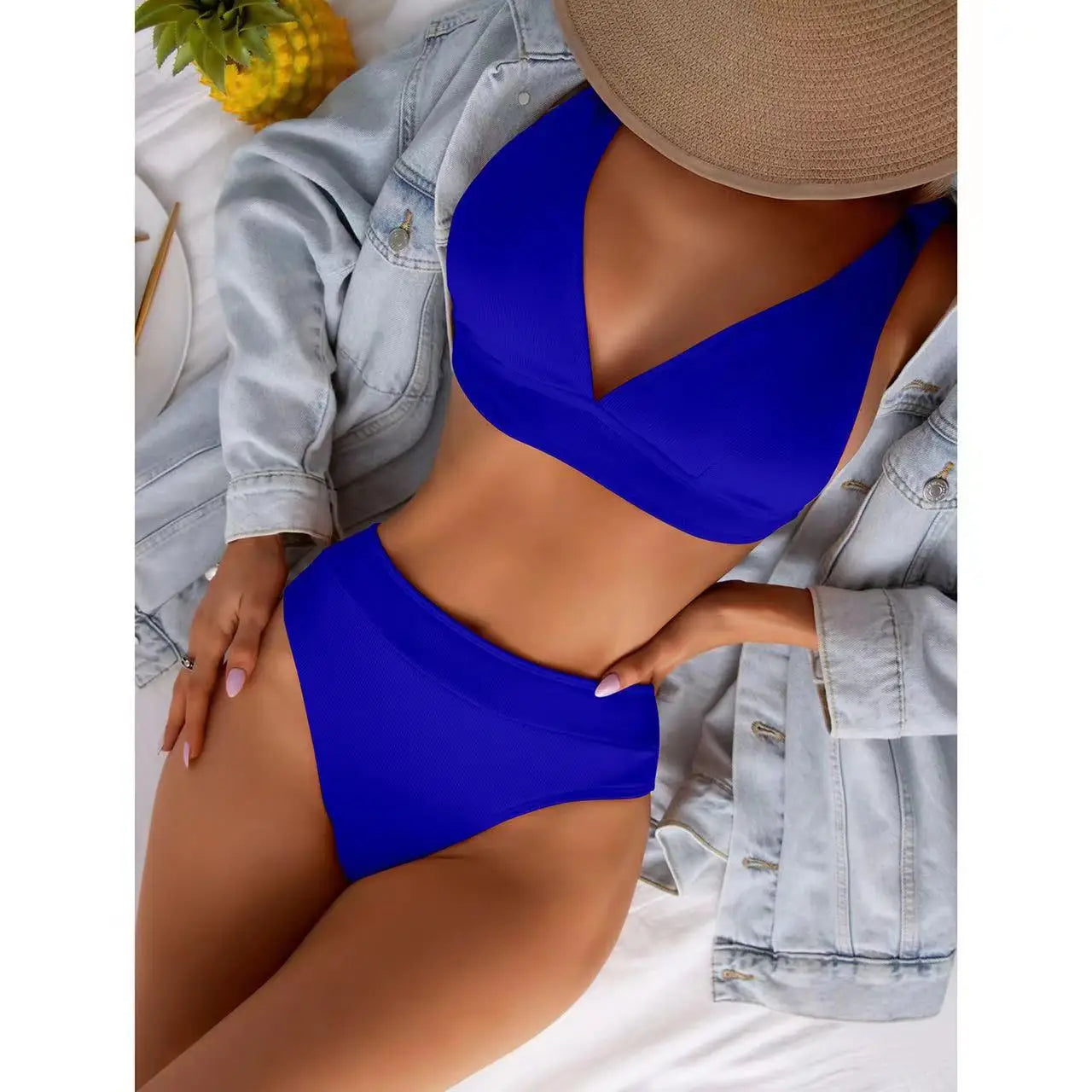 2025 New Sexy V-Neck Ribbed Bikini High Waist Swimsuit Women Solid Push Up Swimwear Female Bathing Suit Bikini Set Beachwear
