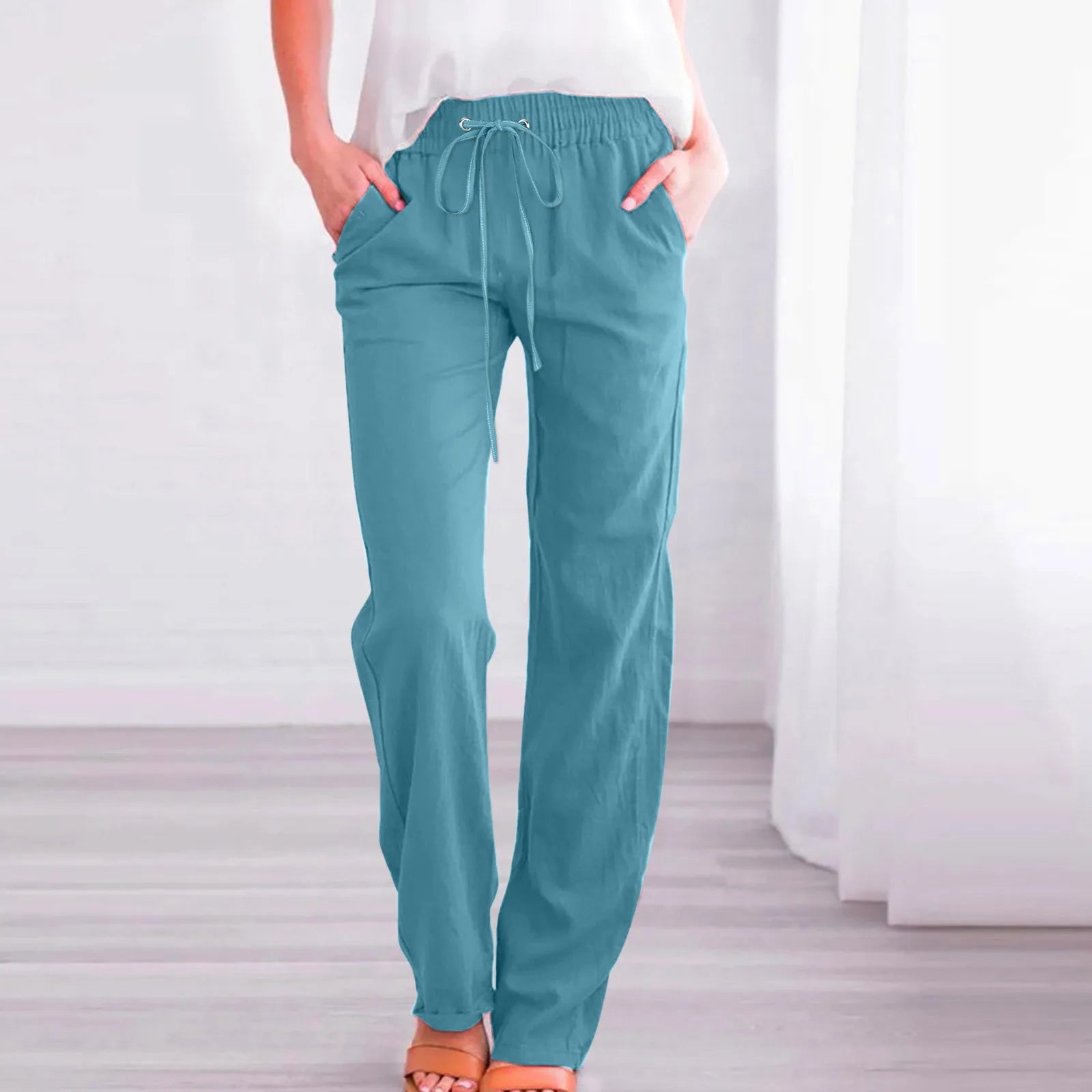 Women Cotton Linen Pants Solid Color Elastic Loose Drawstring Wide-Leg High Waist Trousers Female Stretch Straight Casual Pants