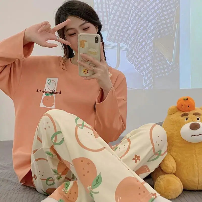 Spring and Autumn New Women's Thin Section Pajamas Homewear Suit Girls Summer Long-Sleeved Homewear Plus Size Cartoon Loose Suit